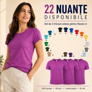 Set 3 tricouri unisex damă și bărbat, 100% bumbac, aceeași culoare, 22 nuanțe disponibile - Img 10