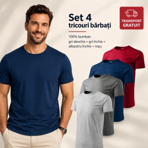 Set 4 Tricouri Bărbați 100% Bumbac Basic – Alb, Gri Închis, Albastru Închis și Gri Deschis | S-3XL