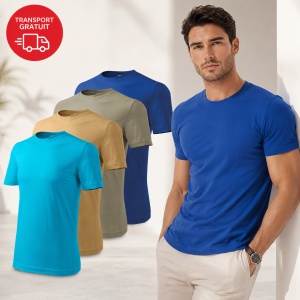 Set 4 Tricouri Bărbați 100% Bumbac Basic – Turcoaz, Nisip, Khaki Deschis și Albastru Regal | S-3XL