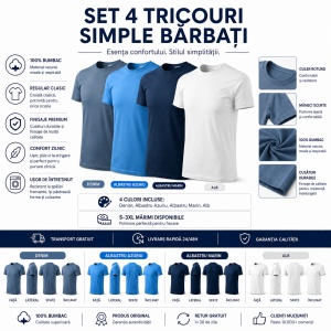 Set 4 Tricouri Bărbați 100% Bumbac Regular Clasic – Denim, Albastru Azuriu, Albastru Marin și Alb | S-3XL - Img 2