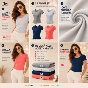 Set 4 Tricouri Damă 100% Bumbac – Casual Clasic, Gri Închis, Gri Deschis, Albastru Închis și Coral | Transport Gratuit - Img 2