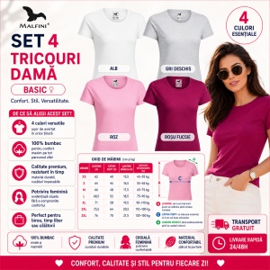 Set 4 Tricouri Damă 100% Bumbac – Casual Clasic, Roz, Roșu Fucsie, Gri Deschis și Alb | Transport Gratuit - Img 5