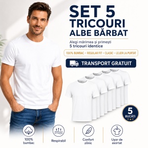 Set 5 tricouri albe barbat simple, bumbac 100%, lejere la purtat, clasic pentru barbati, Alb -132