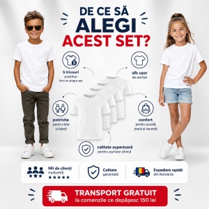 Set 5 Tricouri Albe Copii | Bumbac 100% Calitate Superioară - Img 5