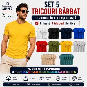 Set 5 Tricouri Bărbat în Aceeași Nuanță, 100% Bumbac, 145 g/m², Guler Rotund, 26 Culori, Mărimi S–3XL