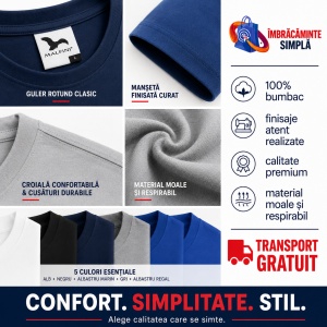 Set 5 tricouri bumbac 100% simplu clasic pentru barbati, Alb, Negru, Albastru Marin, Gri, Albastru-132 - Img 8
