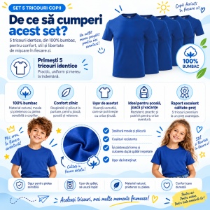Set 5 Tricouri Copii Albastru Regal, 100% Bumbac, pentru Băiat și Fată, Școală, Sport și Joacă - Img 3
