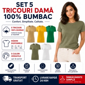 Set 5 Tricouri Damă Basic 100% Bumbac – Nisip, Galben, Verde Mediu, Khaki și Alb - Img 5