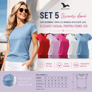 Set 5 tricouri dama din bumbac 100%, cu banda aplicata jos elegant casual pentru femei 120 - Rosu Lavanda Roz Alb Albastru - Img 2