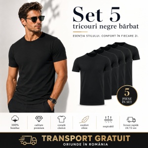 Set 5 tricouri negre din bumbac 100%, clasic si lejer la purtare pentru barbati, Negru P73 - Img 12