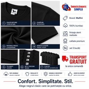 Set 5 tricouri negre din bumbac 100%, clasic si lejer la purtare pentru barbati, Negru P73 - Img 9