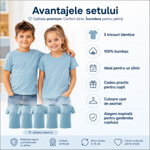 Set 5 Tricouri pentru copii albastru deschis din bumbac 100% , tricouri scoala, tricouri bune - Img 2