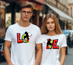 Set doua tricouri personalizate pentru cuplu LO VE Soricei indragostiti