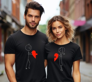 Un cuplu purtând tricouri negre cu un design minimalist. Tricoul bărbatului prezintă un desen stilizat al unui bărbat care oferă jumătate dintr-o inimă roșie, iar tricoul femeii afișează o femeie stilizată care primește cealaltă jumătate. Cuplul pozează î