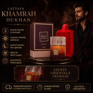 Set parfum Lattafa Khamrah Dukhan 100ml, parfum Arabesc, Barbati, Gentuta cosmetice - Img 6