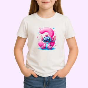 Tricou Alfabet Cifra 3 cu Stitch Roz fericit, explozie de culori, Alb, Unisex Dama si Barbat | Copii - Img 2