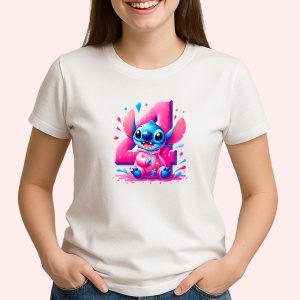 Tricou Alfabet Cifra 4 cu Lilo si Stitch albastru, veselie mare, Alb, Unisex Dama si Barbat | Copii - Img 3