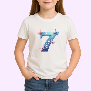 Tricou Alfabet Cifra 7 cu fluturi colorati, stele aurii, flori colorate, Alb, Unisex Dama si Barbat | Copii - Img 2