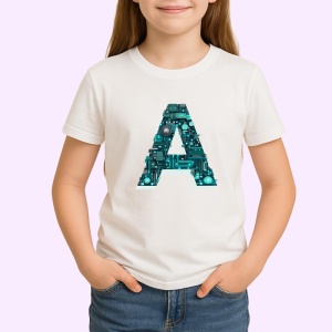 Tricou Alfabet Litera A cu circuite, cyber, tehnologie, Alb, Unisex Dama si Barbat | Copii - Img 2