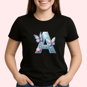 Tricou Alfabet Litera A cu fluturi colorati, stele aurii, flori colorate, Negru, Unisex Dama si Barbat | Copii