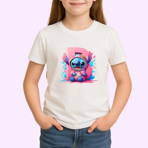 Tricou Alfabet Litera B cu Stitch Roz fericit, explozie de culori, Alb, Unisex Dama si Barbat | Copii - Img 2