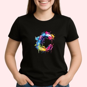 Tricou Alfabet Litera C cu graffiti, design exploziv, arta urbana, Negru, Unisex Dama si Barbat | Copii