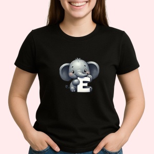 Tricou Alfabet Litera E cu animal Elephant Elefant, Negru, Unisex Dama si Barbat | Copii