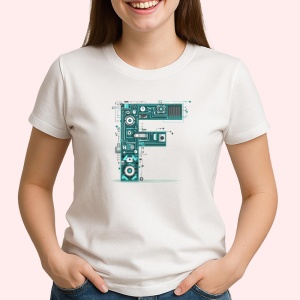 Tricou Alfabet Litera F cu circuite, cyber, tehnologie, Alb, Unisex Dama si Barbat | Copii