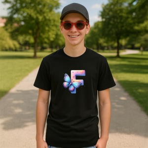 Tricou Alfabet Litera F cu fluturi colorati, stele aurii, flori colorate, Negru, Unisex Dama si Barbat | Copii - Img 4