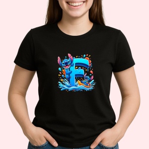 Tricou Alfabet Litera F cu Lilo si Stitch albastru, veselie mare, Mare, Negru, Unisex Dama si Barbat | Copii - Img 2