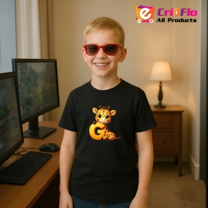 Tricou Alfabet Litera G cu animal Giraffe Girafa, Negru, Unisex Dama si Barbat | Copii - Img 7