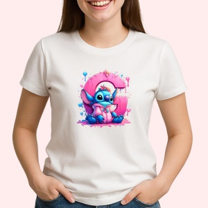 Tricou Alfabet Litera G cu Stitch Roz fericit, explozie de culori, Alb, Unisex Dama si Barbat | Copii