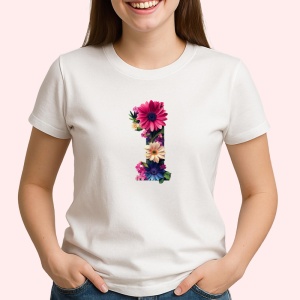 Tricou Alfabet Litera I cu flori, margarete, flori colorate, Alb, Unisex Dama si Barbat | Copii