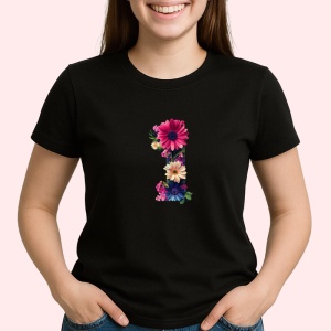 Tricou Alfabet Litera I cu flori, margarete, flori colorate, Negru, Unisex Dama si Barbat | Copii