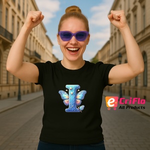 Tricou Alfabet Litera I cu fluturi colorati, stele aurii, flori colorate, Negru, Unisex Dama si Barbat | Copii - Img 3