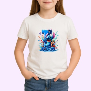 Tricou Alfabet Litera I cu Lilo si Stitch albastru, veselie mare, Alb, Unisex Dama si Barbat | Copii - Img 2