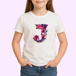 Tricou Alfabet Litera J cu flori, margarete, flori colorate, Alb, Unisex Dama si Barbat | Copii - Img 2
