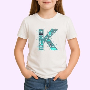Tricou Alfabet Litera K cu circuite, cyber, tehnologie, Alb, Unisex Dama si Barbat | Copii - Img 2