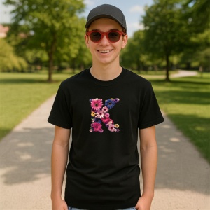 Tricou Alfabet Litera K cu flori, margarete, flori colorate, Negru, Unisex Dama si Barbat | Copii - Img 4