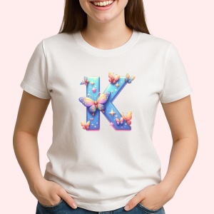 Tricou Alfabet Litera K cu fluturi colorati, stele aurii, flori colorate, Alb, Unisex Dama si Barbat | Copii