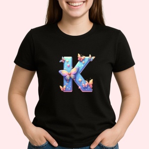 Tricou Alfabet Litera K cu fluturi colorati, stele aurii, flori colorate, Negru, Unisex Dama si Barbat | Copii