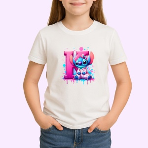 Tricou Alfabet Litera K cu Stitch Roz fericit, explozie de culori, Alb, Unisex Dama si Barbat | Copii - Img 2
