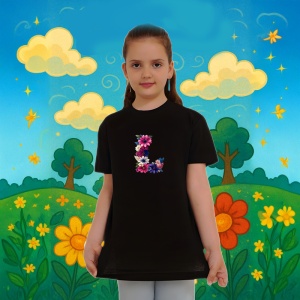 Tricou Alfabet Litera L cu flori, margarete, flori colorate, Negru, Unisex Dama si Barbat | Copii - Img 6