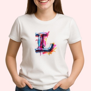 Tricou Alfabet Litera L cu fluturi colorati, stele aurii, flori colorate, Alb, Unisex Dama si Barbat | Copii - Img 2