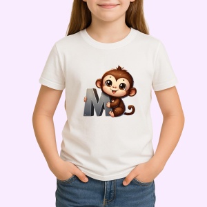 Tricou Alfabet Litera M cu animal Money Maimuta , Alb, Unisex Dama si Barbat | Copii