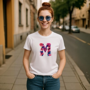 Tricou Alfabet Litera M cu flori, margarete, flori colorate, Alb, Unisex Dama si Barbat | Copii - Img 3