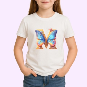 Tricou Alfabet Litera M cu fluturi colorati, stele aurii, flori colorate, Alb, Unisex Dama si Barbat | Copii - Img 2
