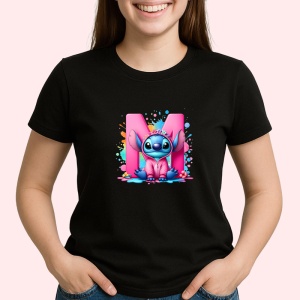 Tricou Alfabet Litera M cu Stitch Roz fericit, explozie de culori, Negru, Unisex Dama si Barbat | Copii