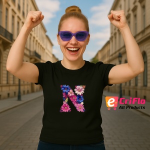Tricou Alfabet Litera N cu flori, margarete, flori colorate, Negru, Unisex Dama si Barbat | Copii - Img 3