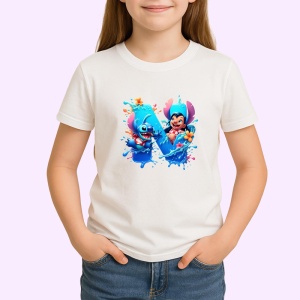 Tricou Alfabet Litera N cu Lilo si Stitch albastru, veselie mare, Alb, Unisex Dama si Barbat | Copii - Img 2